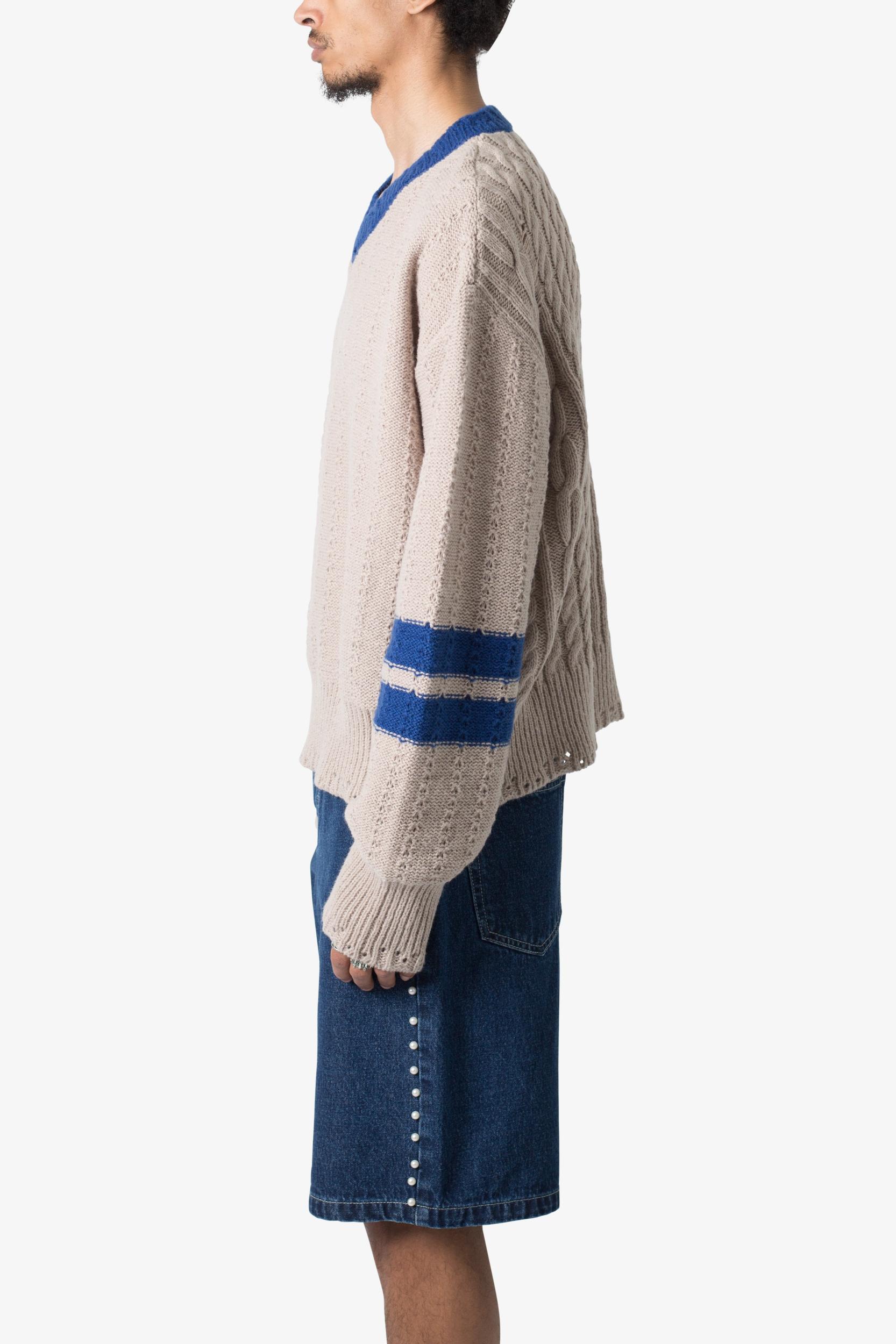 Varsity V Neck Sweater - Off White/Blue Product Image