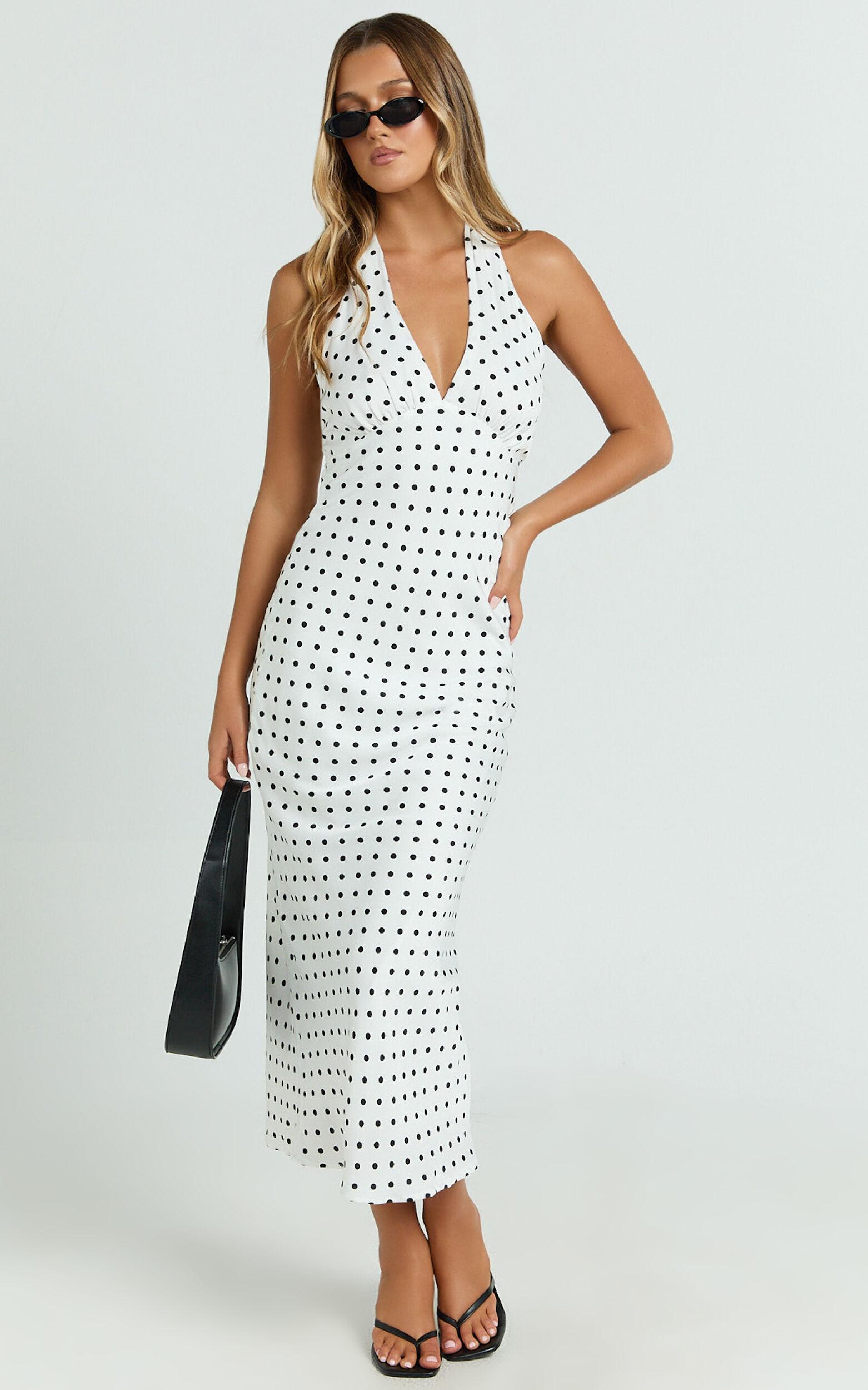 Grayson Midi Dress - Tie Halter Neck Slip Dress in White / Black Product Image