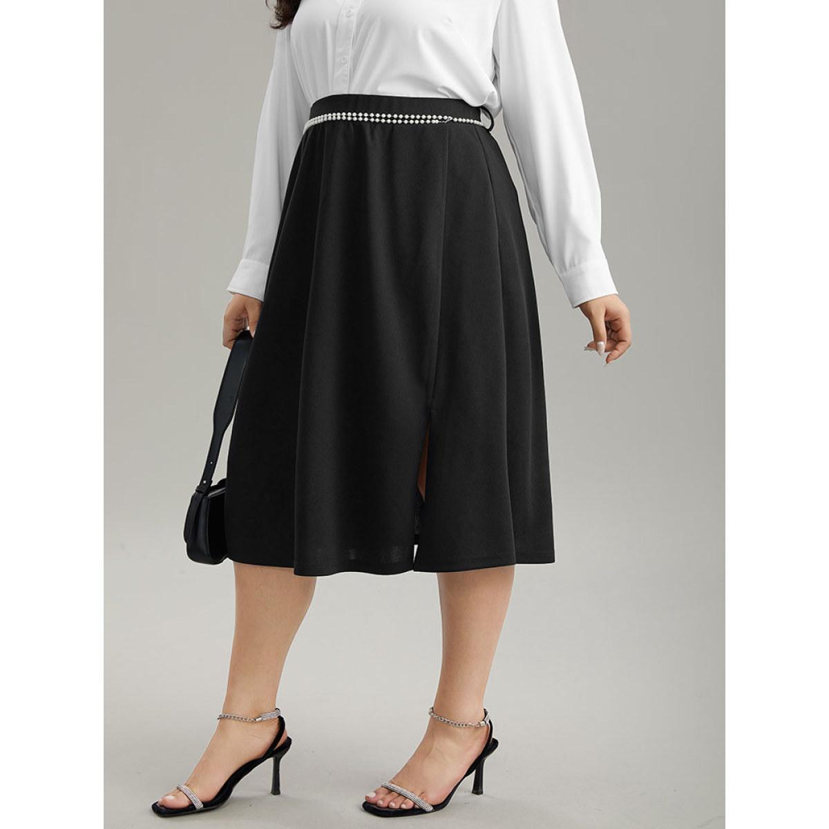 Plus Size Plain Pearl Beaded Detail Split Side Skirt Women Black Office Style accents No stretch Belt Work Skirts BloomChic 26/4X Product Image