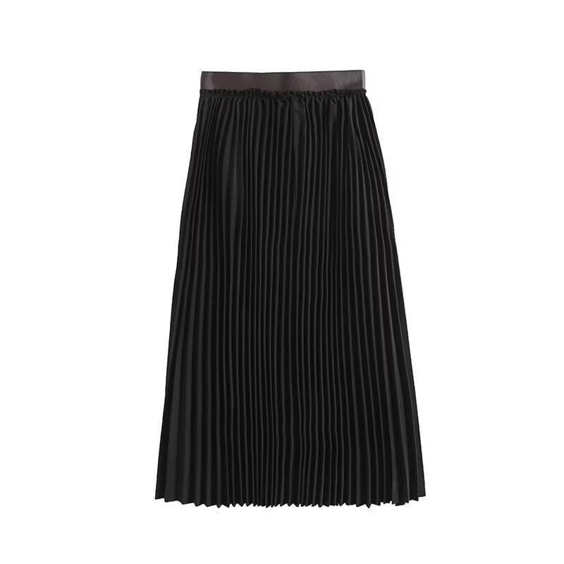 High Rise Faux Leather Panel Accordion Pleated Midi A-Line Skirt Product Image