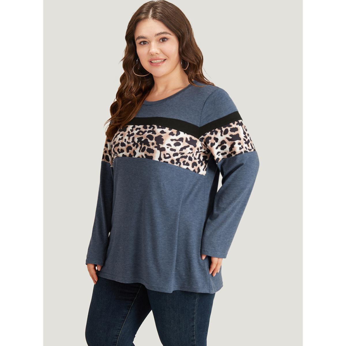 Plus Size Leopard Heather Patchwork Crew Neck T-shirt Blue Women Casual Patchwork Patchwork Round Neck Dailywear T-shirts BloomChic 30/6X Product Image