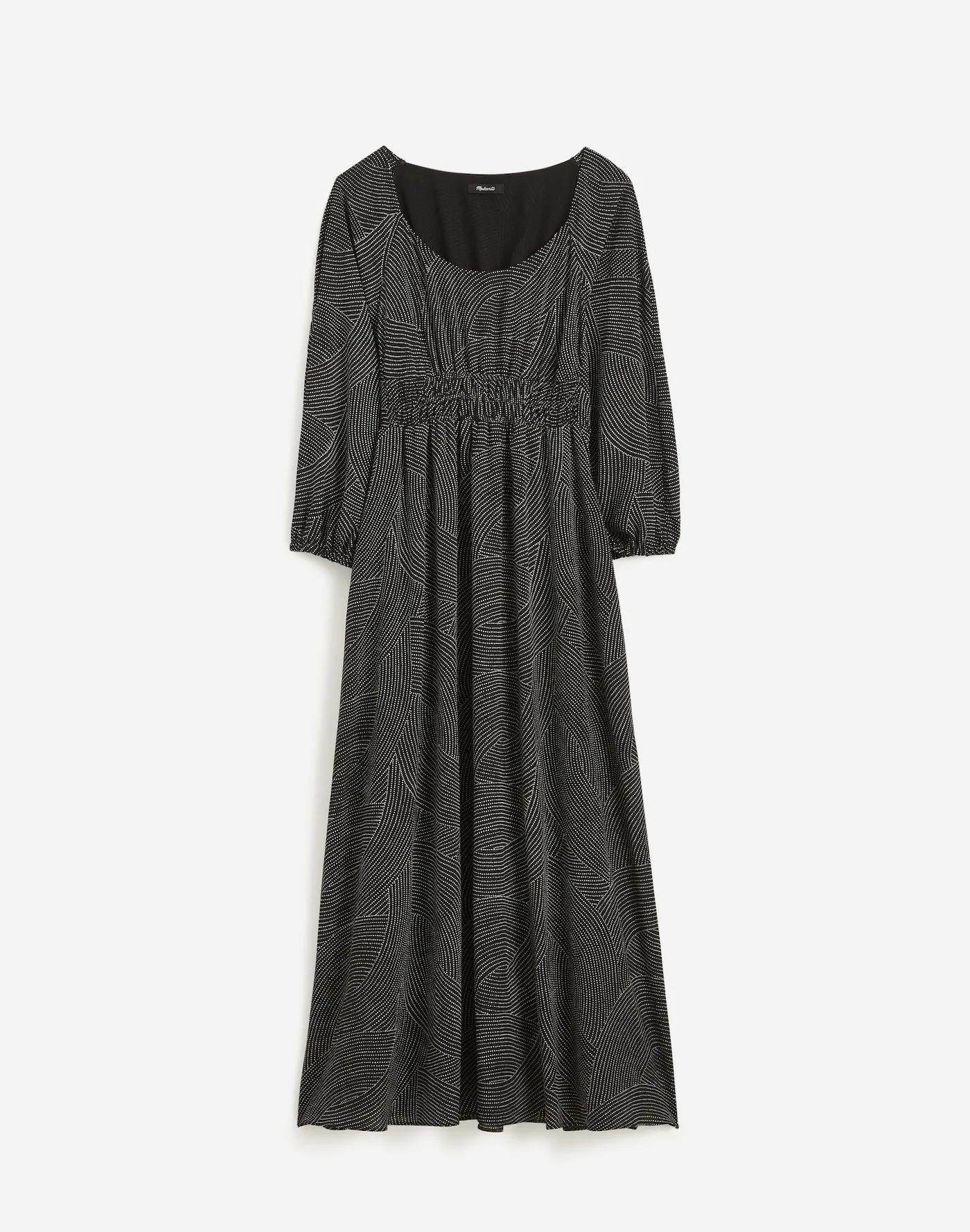 Balloon-Sleeve Ruched Midi Dress in Dot Product Image