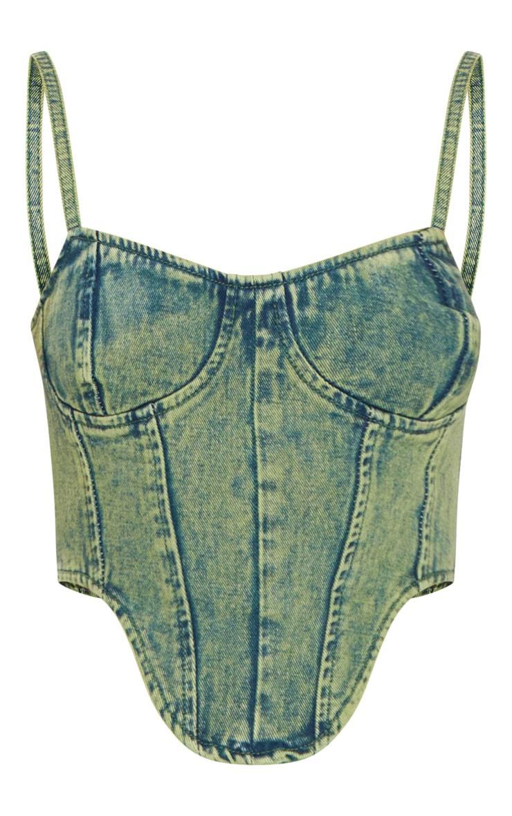Green Tint Vintage Wash Curved Hem Denim Corset Top Product Image