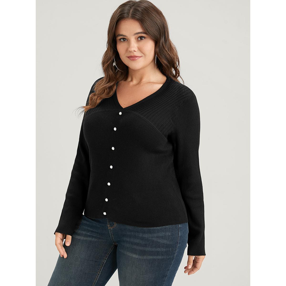 Plus Size Plain Rib Knit Button Front Knit Top Black Women Elegant Skinny Long Sleeve V-neck Dailywear Pullovers BloomChic 26/4X Product Image