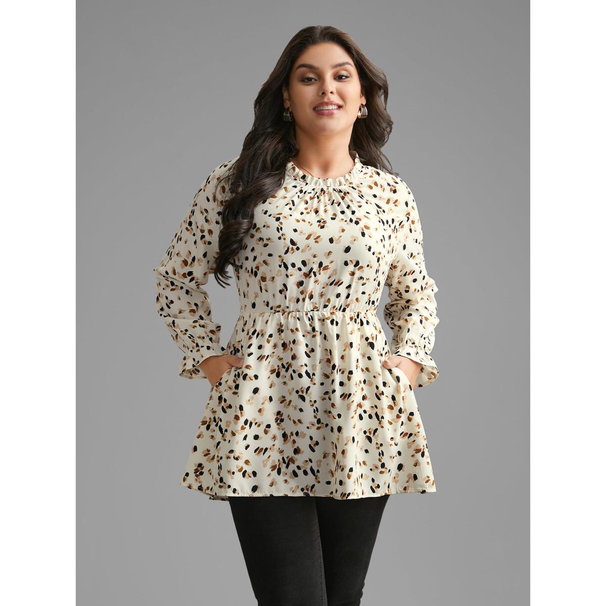 Plus Size Beige Color Leopard Print Frill Trim Blouse Women Elegant Long Sleeve Round Neck Everyday Blouses BloomChic 22-24/3X Product Image