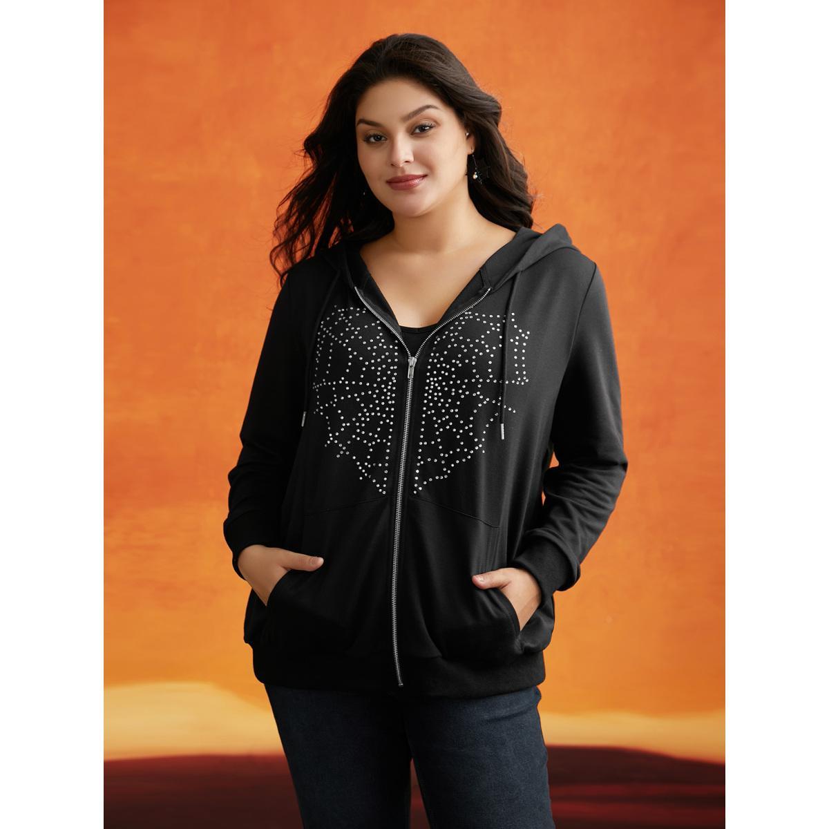 Plus Size Diamond Embellished Spiderweb Zipper Sweatshirt Women Black Casual Rhinestone detailing Loose Hooded Everyday Sweatshirts BloomChic 22-24/3X Product Image