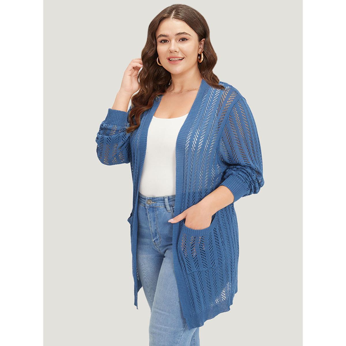 Plus Size Geometric Eyelet Patched Pocket Elastic Cuffs Cardigan Aegean Women Casual Loose Long Sleeve Everyday Cardigans BloomChic 18-20/2X Product Image