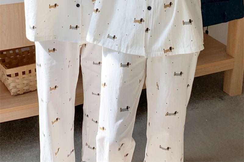 Couple Matching Pajama Set: Long-Sleeve Lapel Collar Dog Print Button-Up Top + Pants (Various Designs) Product Image