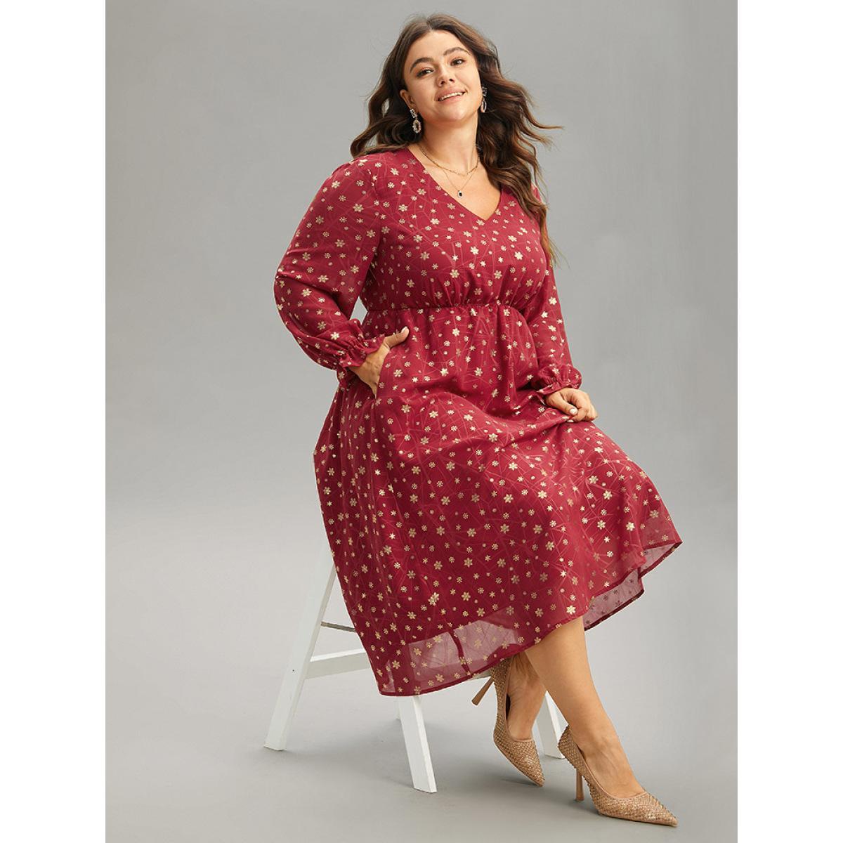 Plus Size Snowflake Glitter Mesh Gathered Ruffles Dress Scarlet Women Party See through V-neck Long Sleeve Curvy Midi Dress BloomChic 10/M Product Image