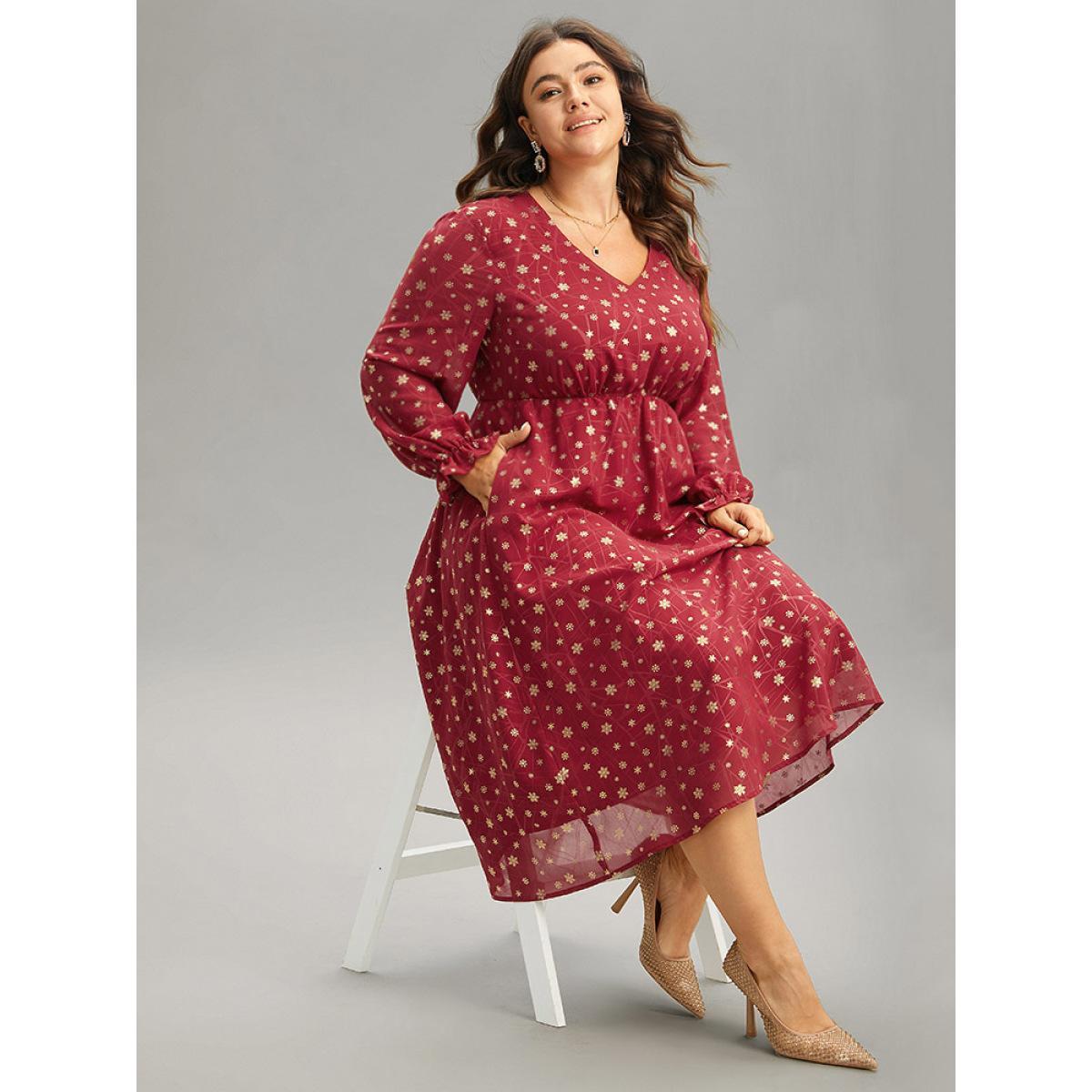 Plus Size Snowflake Glitter Mesh Gathered Ruffles Dress Scarlet Women Party See through V-neck Long Sleeve Curvy Midi Dress BloomChic 10/M Product Image