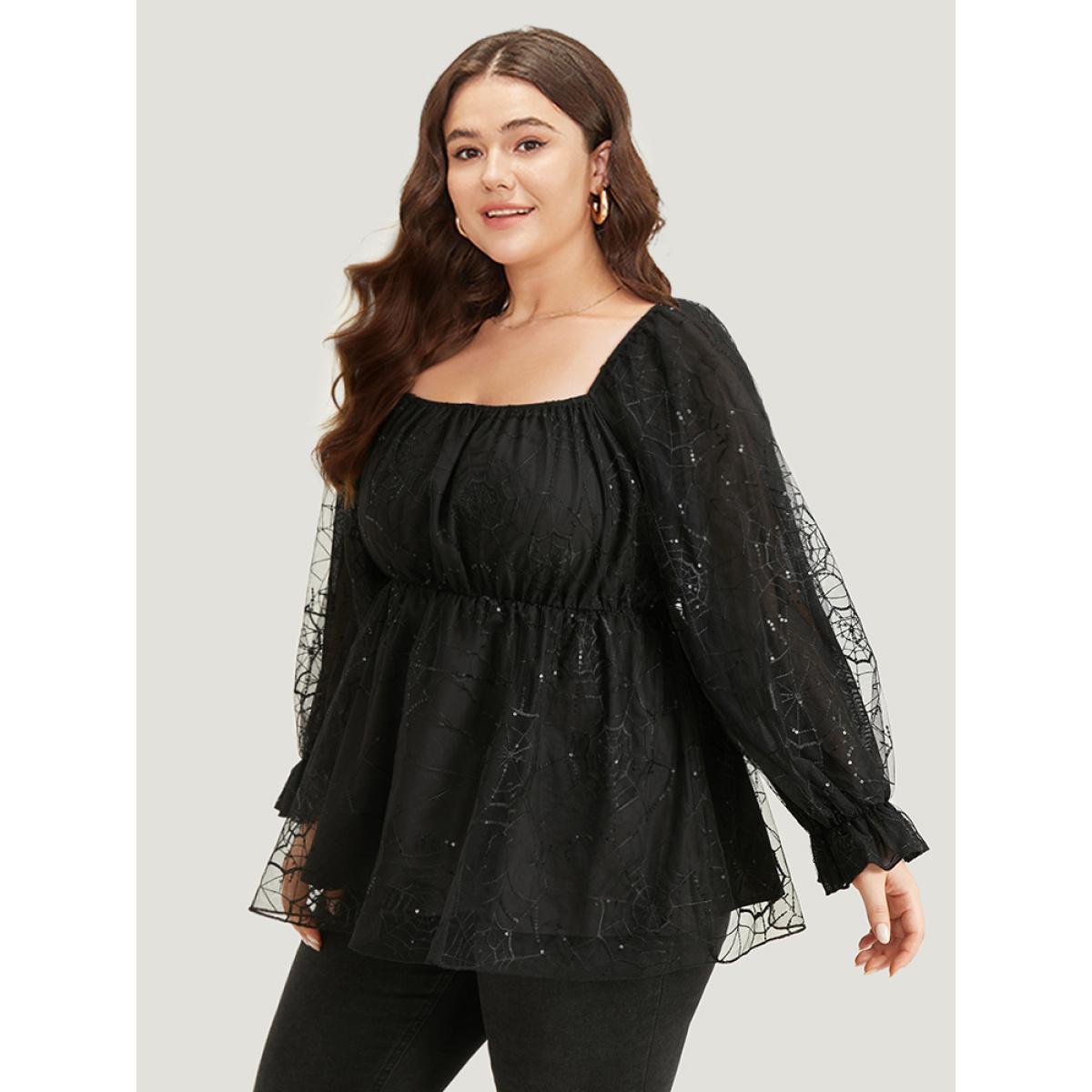 Plus Size Black Halloween Square Neck Spider Web Crochet Lace Mesh Blouse Women Glamour Long Sleeve Square Neck Festival-Halloween Blouses BloomChic 10/M Product Image