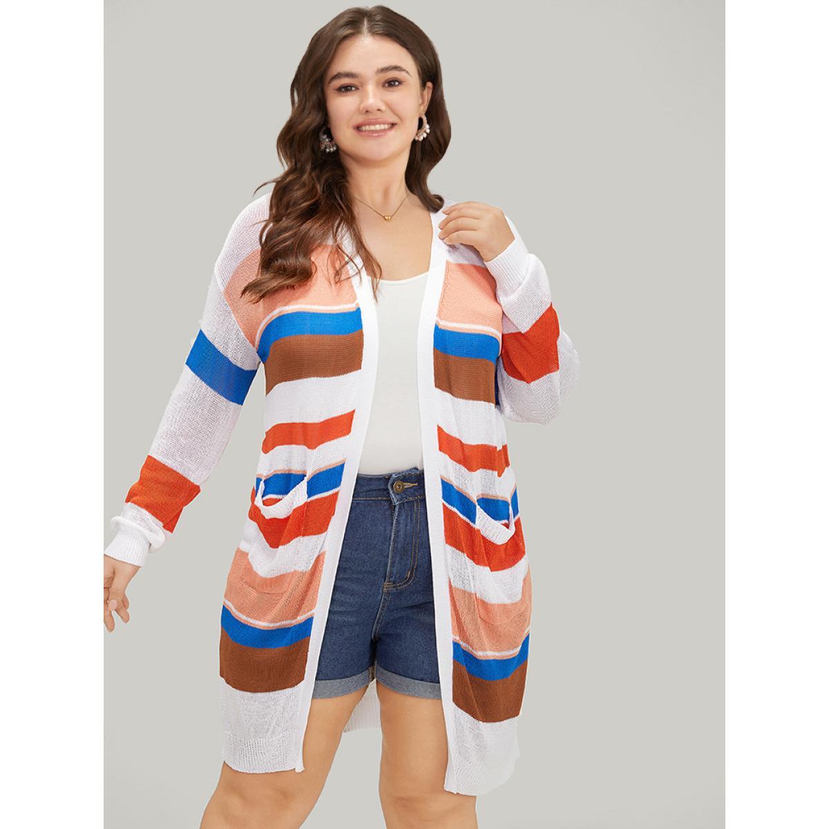 Plus Size Colorblock Contrast Pocket Tunic Open Front Cardigan Multicolor Women Casual Loose Long Sleeve Dailywear Cardigans BloomChic 26/4X Product Image