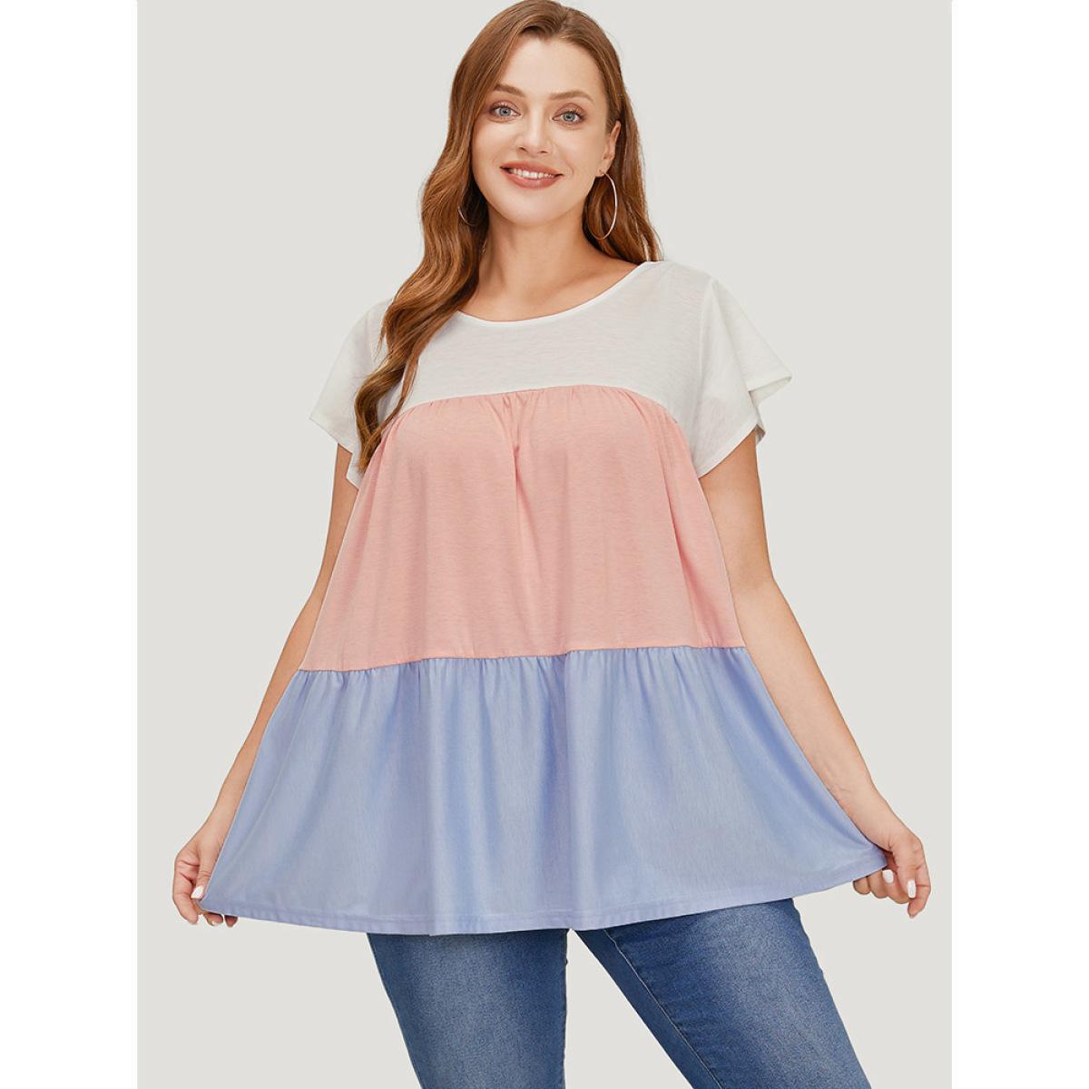 Plus Size Color Block Contrast Cap Sleeve Tank Top Women Multicolor Casual Gathered Round Neck Dailywear Tank Tops Camis BloomChic 26/4X Product Image