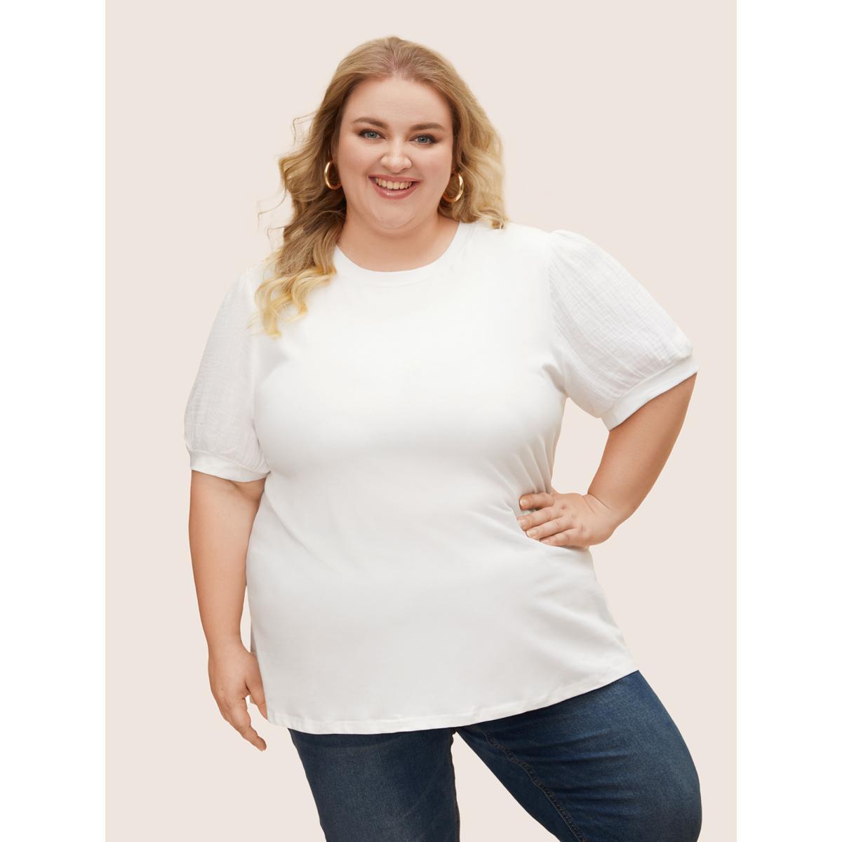 Plus Size Plain Textured Patchwork Lantern Sleeve T-Shirt WhiteSmoke Women Casual Texture Round Neck Everyday T-shirts BloomChic 18-20/2X Product Image
