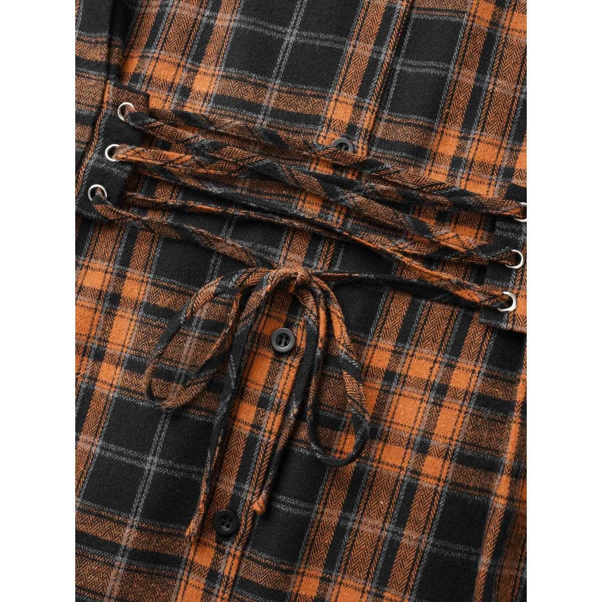 Plus Size OrangeRed Corset Plaid Waist-Cinching Blouse Women Elegant Long Sleeve Shirt collar Everyday Blouses BloomChic 30/6X Product Image