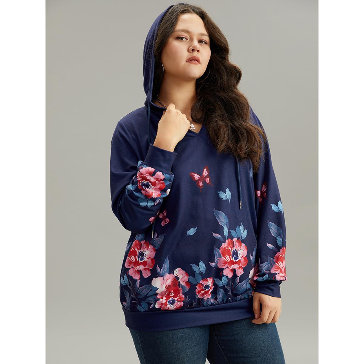 Plus Size Floral & Butterfly Print Hooded Drawstring Sweatshirt Women Multicolor Casual Printed Hooded Dailywear Sweatshirts BloomChic 14-16/1X Product Image