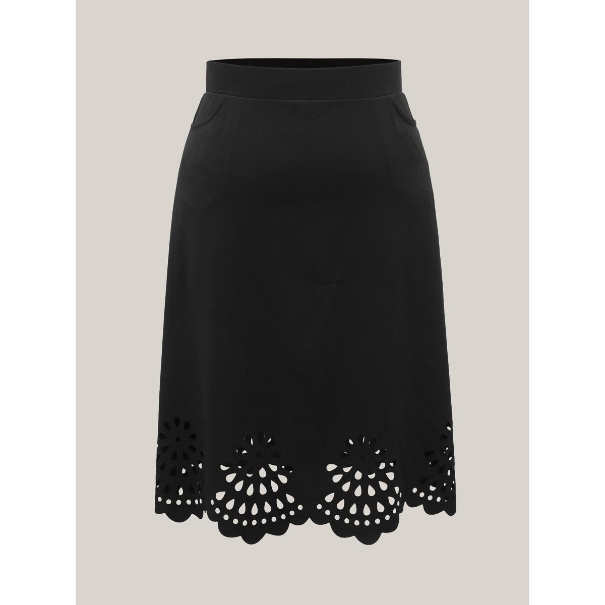 Plus Size Laser Cut-Out Flared Midi Skirt Women Black Elegant Cut-Out Medium stretch Slanted pocket Everyday Skirts BloomChic 26/4X Product Image