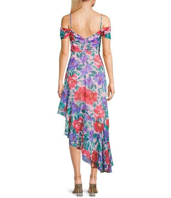City Vibe Floral Print Drape Off The Shoulder Neck Ruffled Asymmetrical Hem Midi Dress Product Image