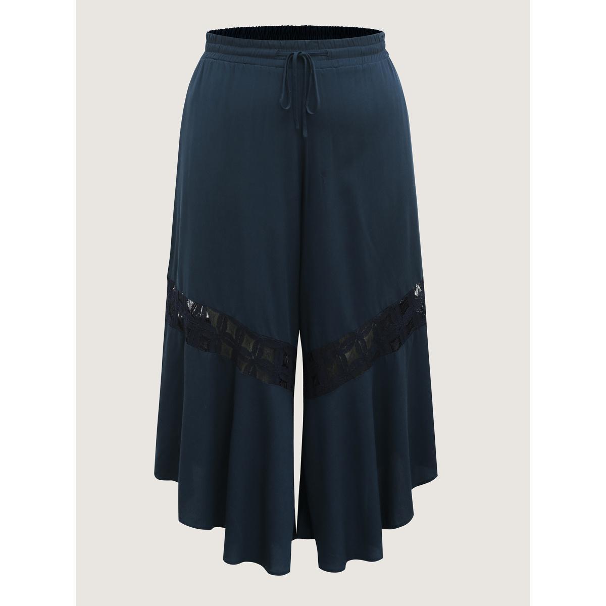 Plus Size Sheer Lace Trim Flared Drawstring Pants Women Indigo Casual Wide Leg Mid Rise Everyday-Casual Pants BloomChic 12/L Product Image