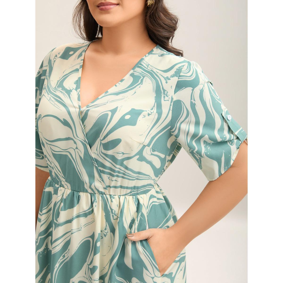 Plus Size Abstract Print Gathered Sleeve Midi Dress Mint Women Overlap Collar Short sleeve Curvy BloomChic 22-24/3X Product Image