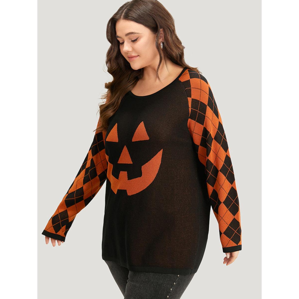 Plus Size Halloween Print Contrast Round Neck Pullover Black Women Casual Loose Long Sleeve Round Neck Festival-Halloween Pullovers BloomChic 12/L Product Image