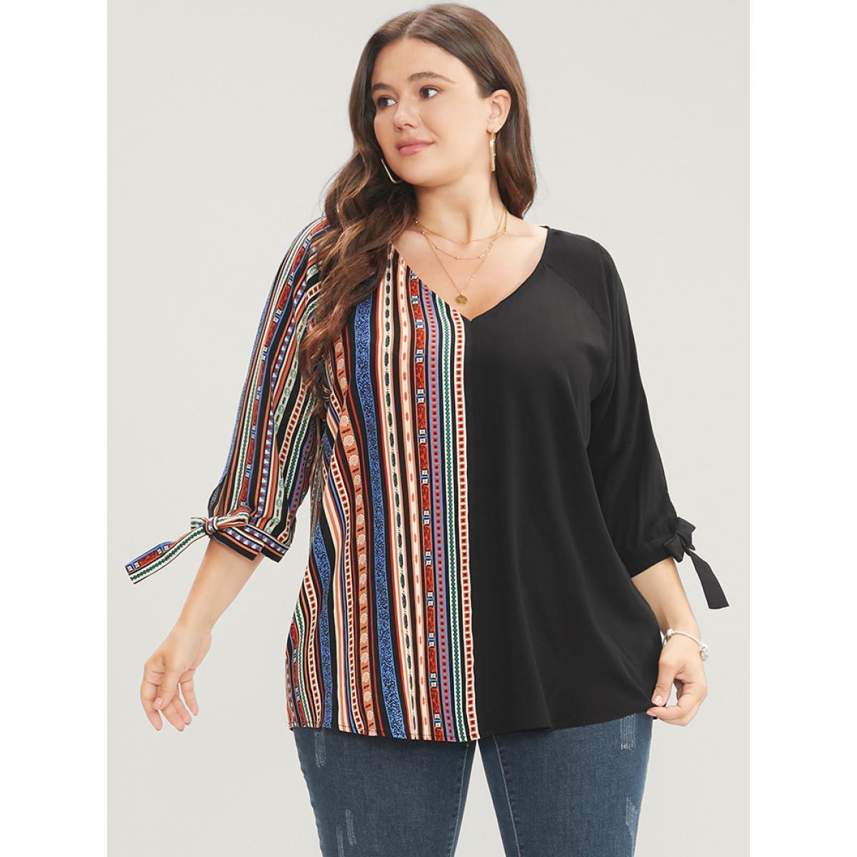 Plus Size Black Striped Geometric Patchwork Knotted Sleeve Blouse Women Vacation Elbow-length sleeve V-neck Dailywear Blouses BloomChic 10/M Product Image