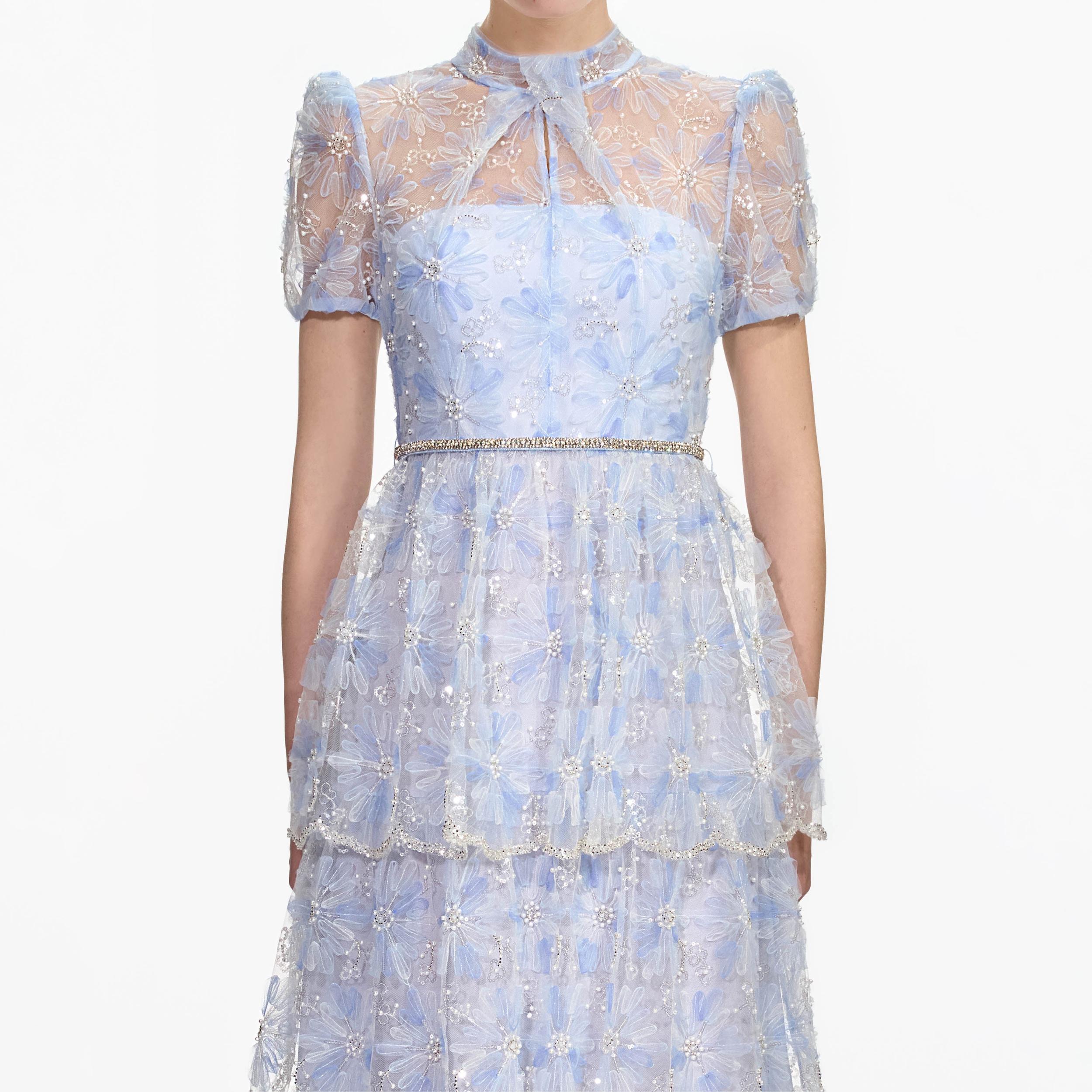Blue Beaded Sequin Lace Maxi Dress Product Image