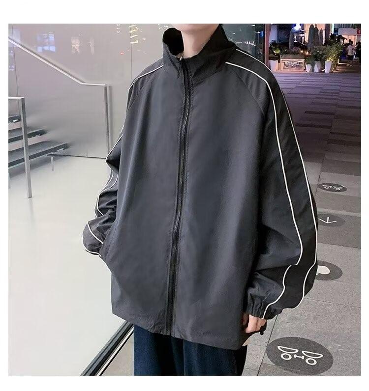 Stand Collar Contrast Piping Oversized Zip Jacket Product Image