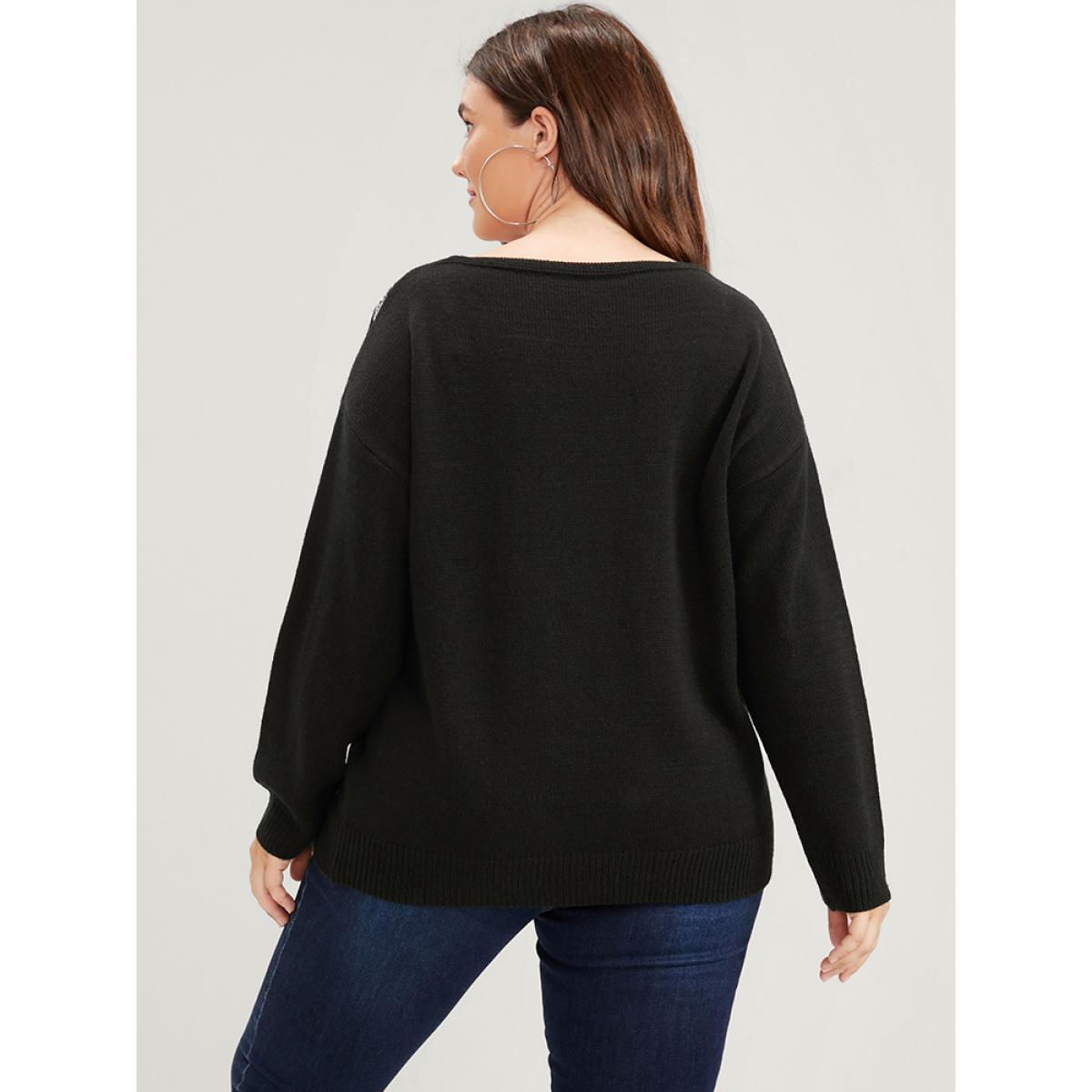 Plus Size Star Embroidered Pointelle Knit V Neck Knit Top Black Women Casual Long Sleeve V-neck Dailywear Pullovers BloomChic 10/M Product Image