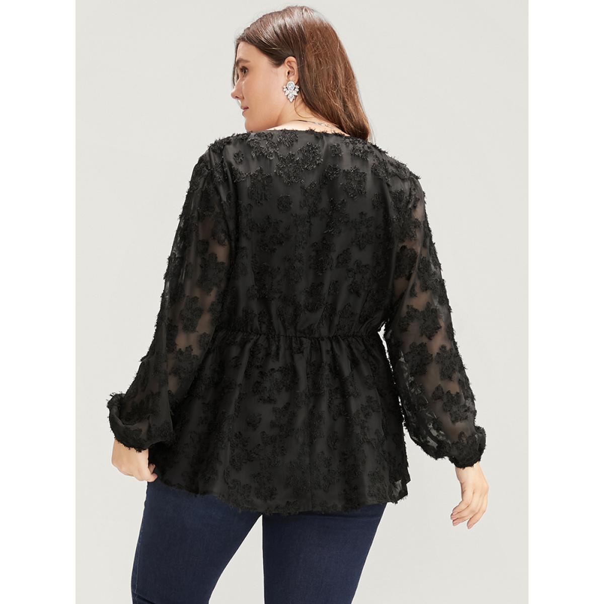 Plus Size Black Floral Mesh Lantern Sleeve Surplice Neck Fuzzy Blouse Women Glamour Long Sleeve V-neck Going out Blouses BloomChic 26/4X Product Image