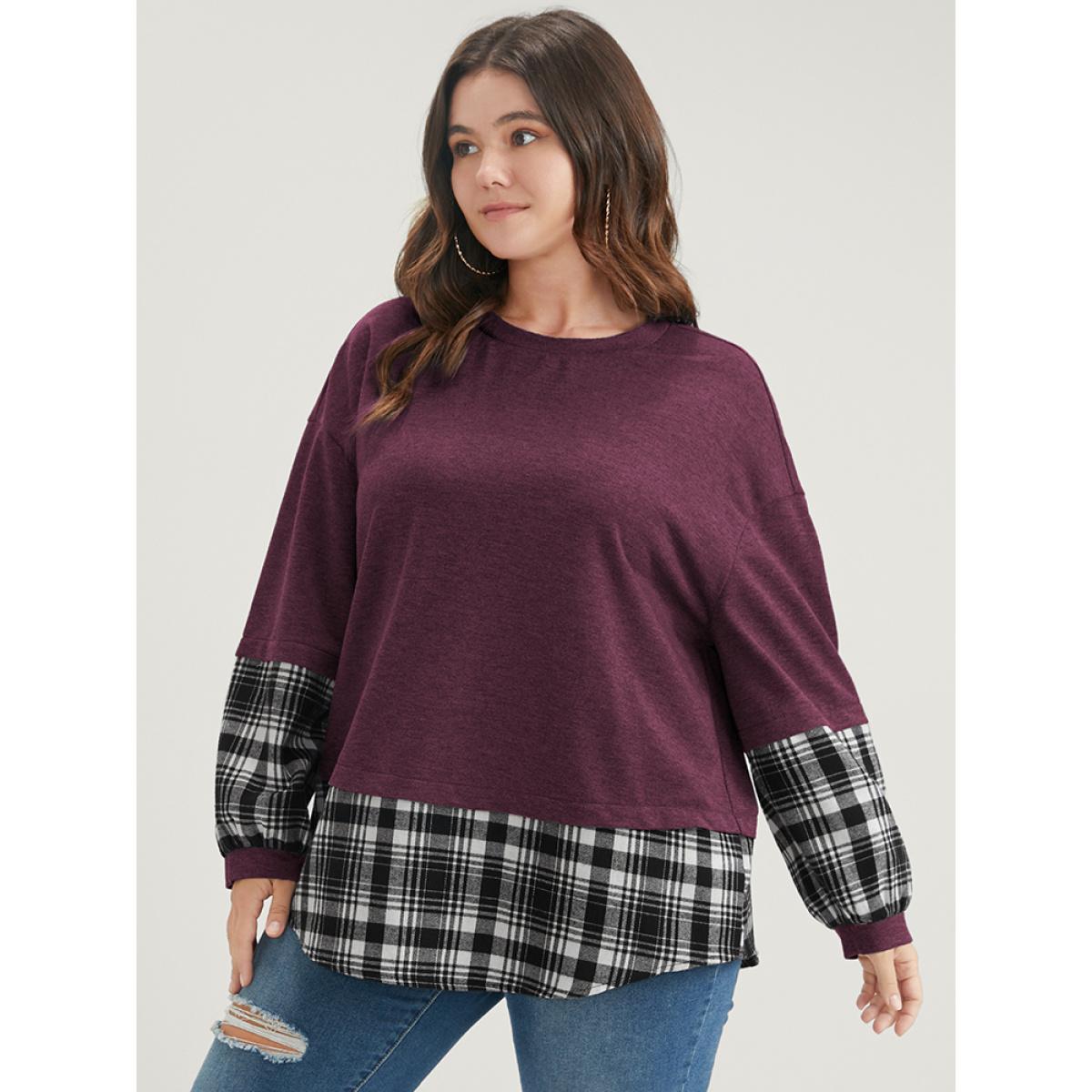Plus Size Plaid Patchwork Round Neck Arc Hem Sweatshirt Women Burgundy Casual Contrast Round Neck Dailywear Sweatshirts BloomChic 28/5X Product Image