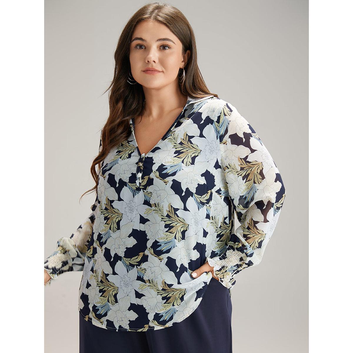 Plus Size DarkBlue Chiffon Silhouette Floral Print Shirred Frill Trim Blouse Women Elegant Long Sleeve V-neck Dailywear Blouses BloomChic 26/4X Product Image