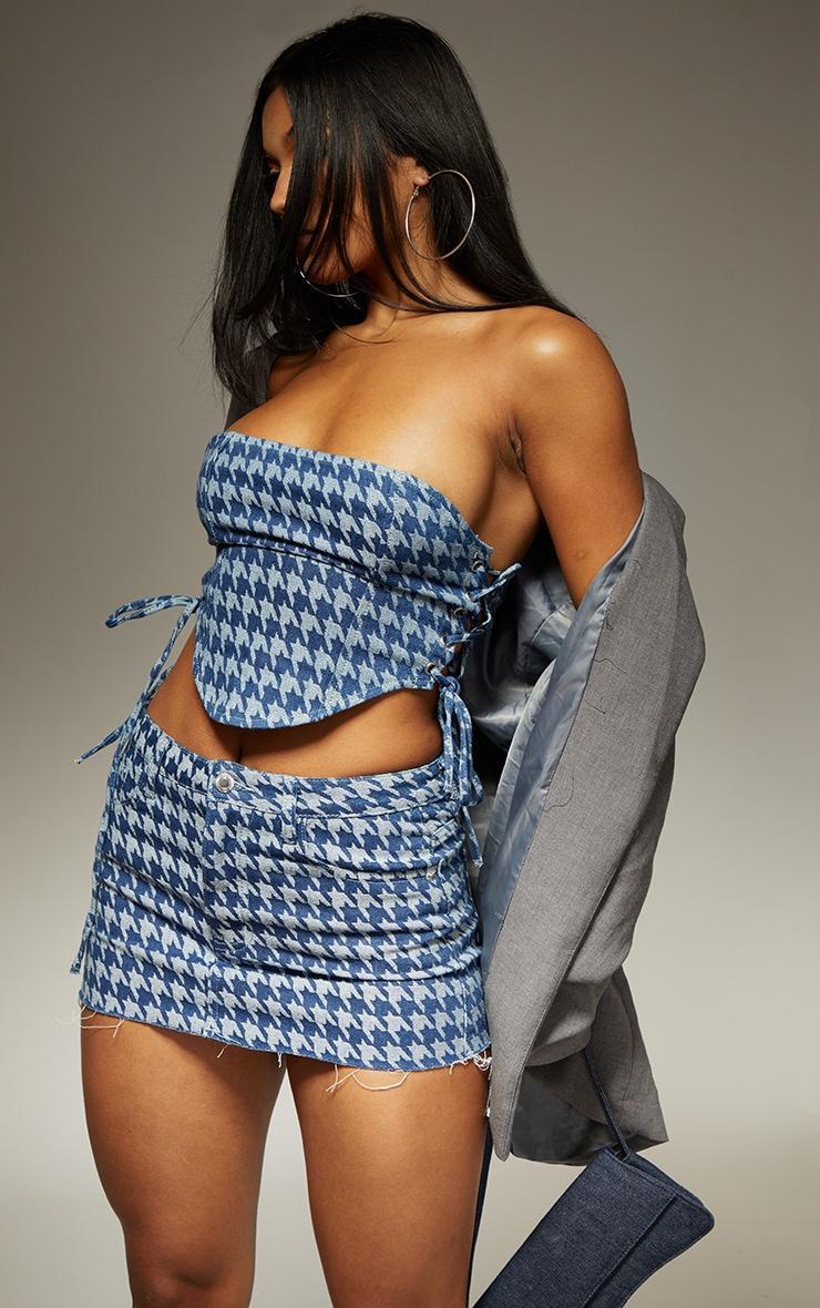 Blue Houndstooth Print Raw Hem Denim Micro Mini Skirt Product Image