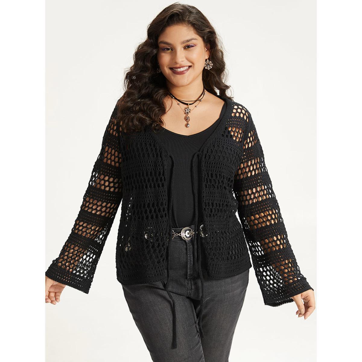 Plus Size Halloween Plain Hollow Out Ties Open Front Cardigan Black Women Casual Loose Long Sleeve Festival-Halloween Cardigans BloomChic 22-24/3X Product Image