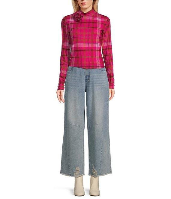C&v Chelsea & Violet Rosette Plaid Mesh Top Product Image