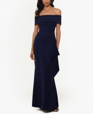 Xscape Petite Size Ruffled Off-the-Shoulder Short Sleeve Crepe Sheath Gown Product Image