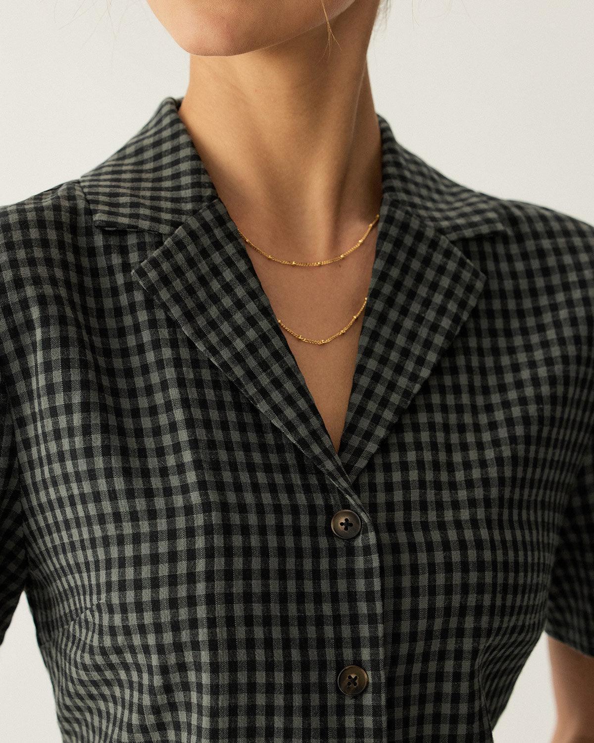 Grey Lapel Plaid Short Sleeve Blouse Product Image
