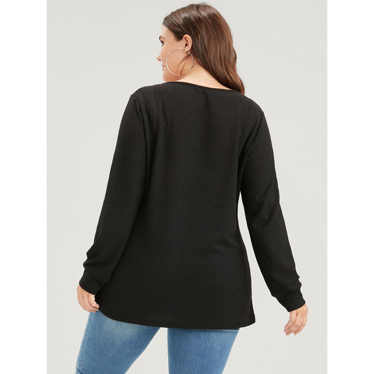 Plus Size Solid Drop Shoulder Contrast Lace Waffle Knit Sweatshirt Women Black Casual Patchwork V-neck Dailywear Sweatshirts BloomChic 28/5X Product Image