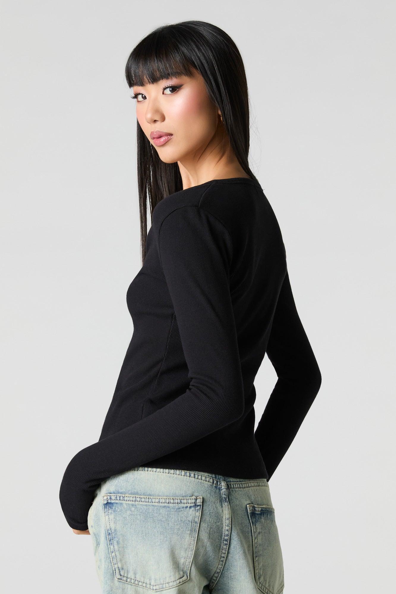 Ribbed V-Neck Button-Up Top Female Product Image