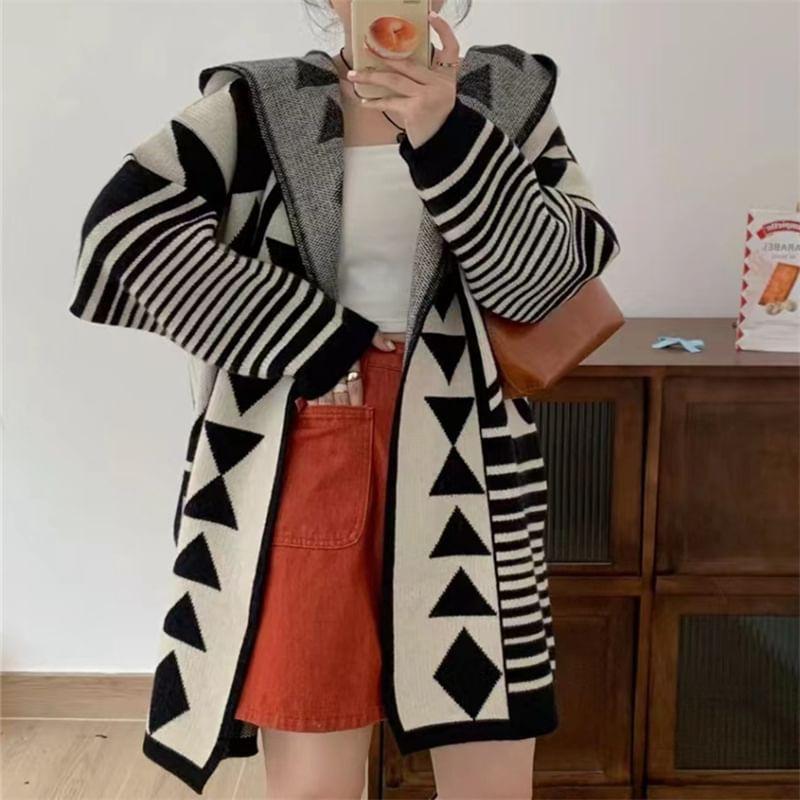 Geometric Print Hooded Open Front Long Cardigan Product Image