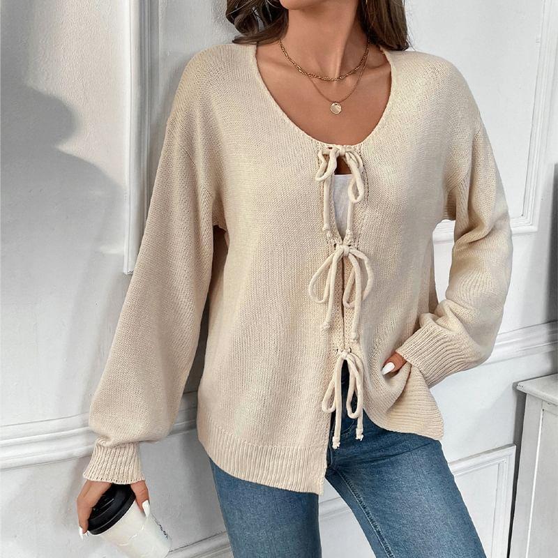Scoop Neck Plain Bowknot Detail Cardigan Product Image