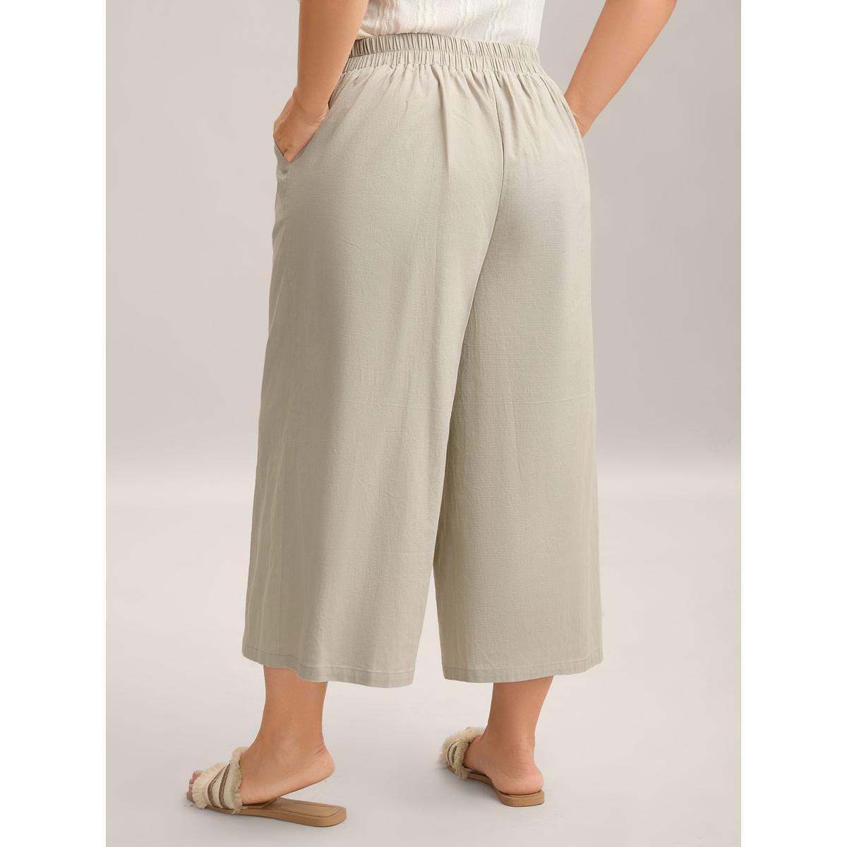 Plus Size Cotton Linen Blend Stretchy Wide-Leg Pants Women Champagne Resort Wide Leg Mid Rise Vacation Pants BloomChic 14-16/1X Product Image