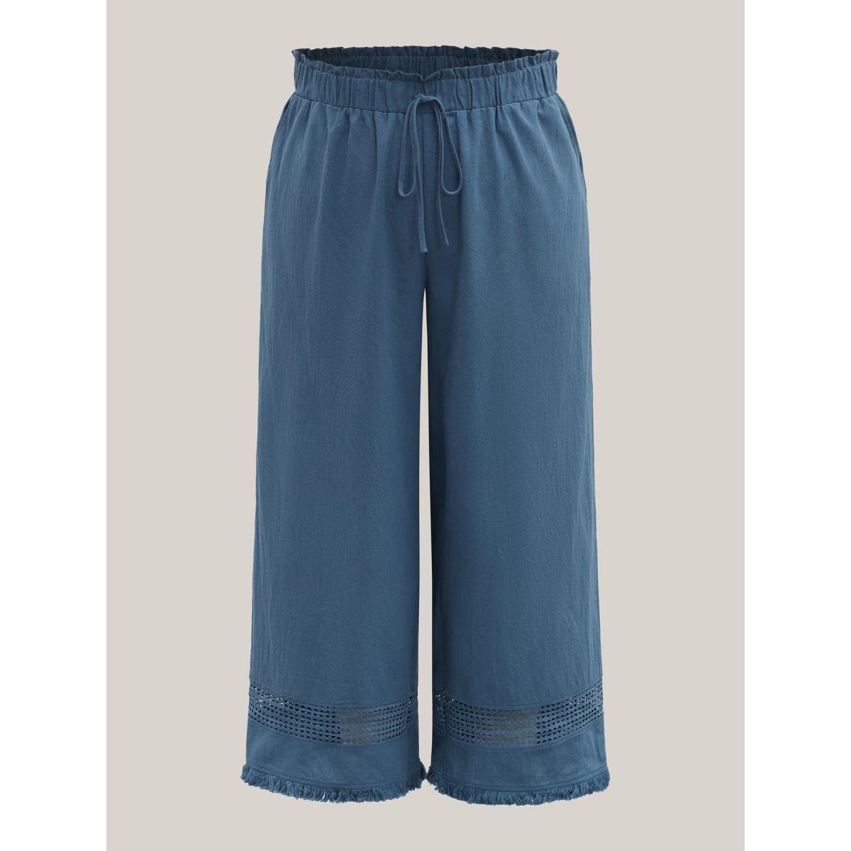 Plus Size Cotton Waist-Tie Lace Wide-Leg Pants Women Cerulean Resort Wide Leg Mid Rise Vacation Pants BloomChic 18-20/2X Product Image