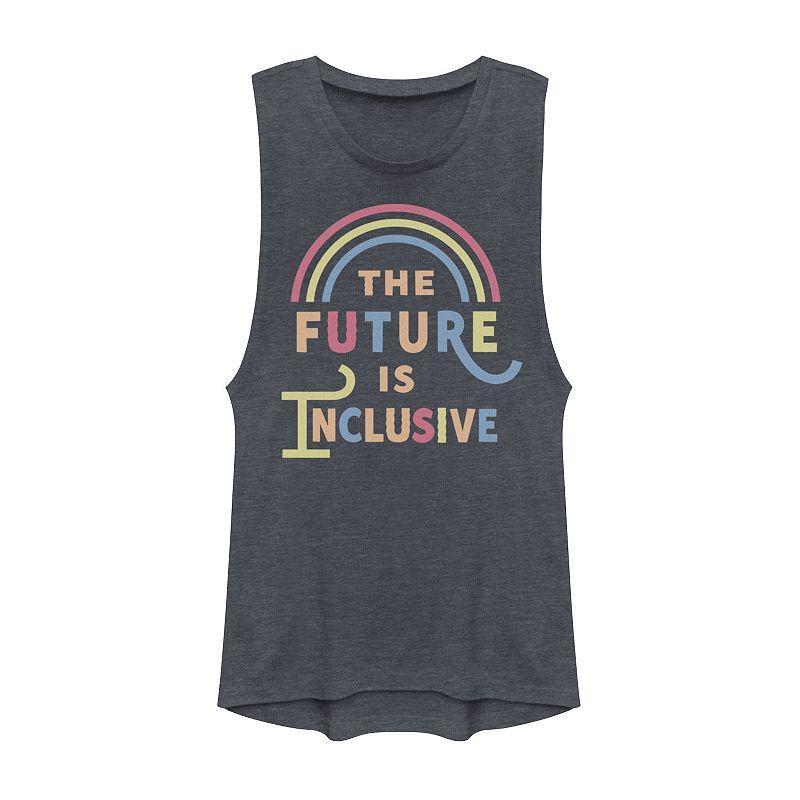 Juniors The Future Is Inclusive Colorful Rainbow Text Muscle Tank Top, Girls Denim Grey Product Image