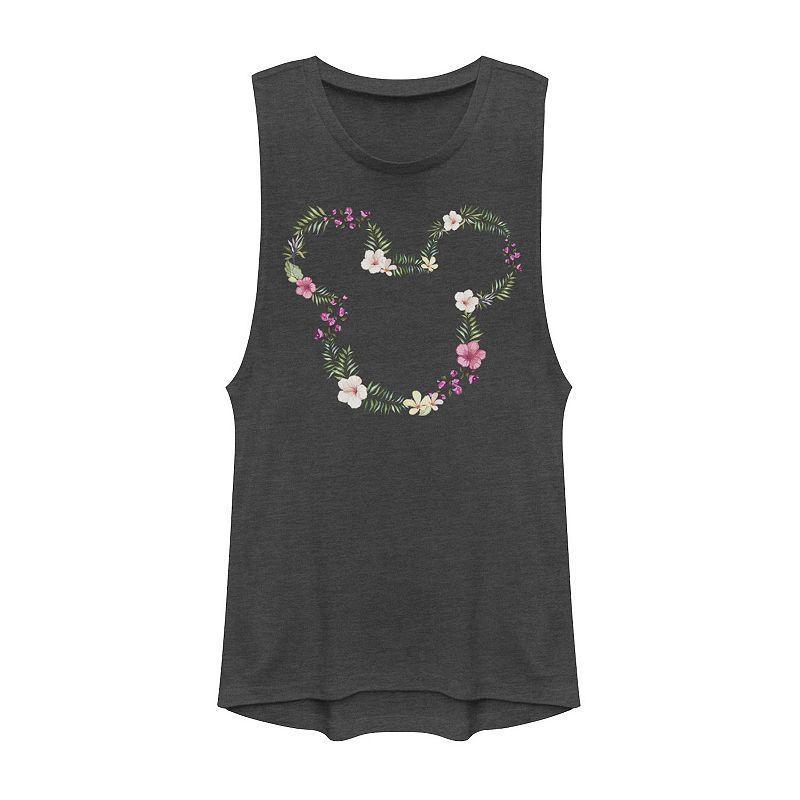 Disney's Mickey Mouse Juniors' Floral Outline Muscle Graphic Tank Top, Girl's, Size: XXL, Grey Product Image