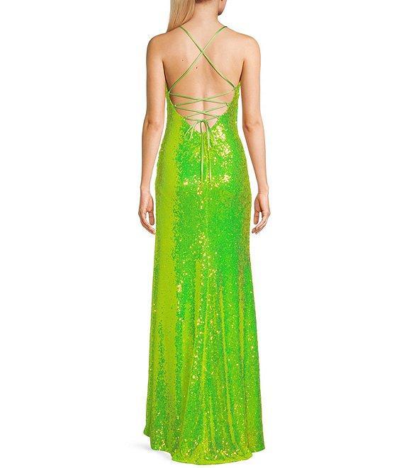 B. Darlin Mesh Sequin V-Neck Spaghetti Strap Lace Up Back Side Slit Long Dress Product Image