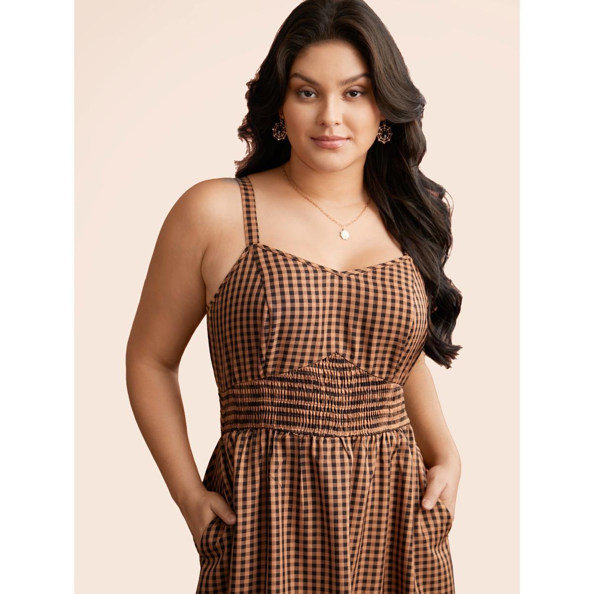 Plus Size Cami Pumpkin Color Grid Waist Midi Dress Brightorange Women Cocktail Shirred Party Curvy Bloomchic 26/4X Product Image