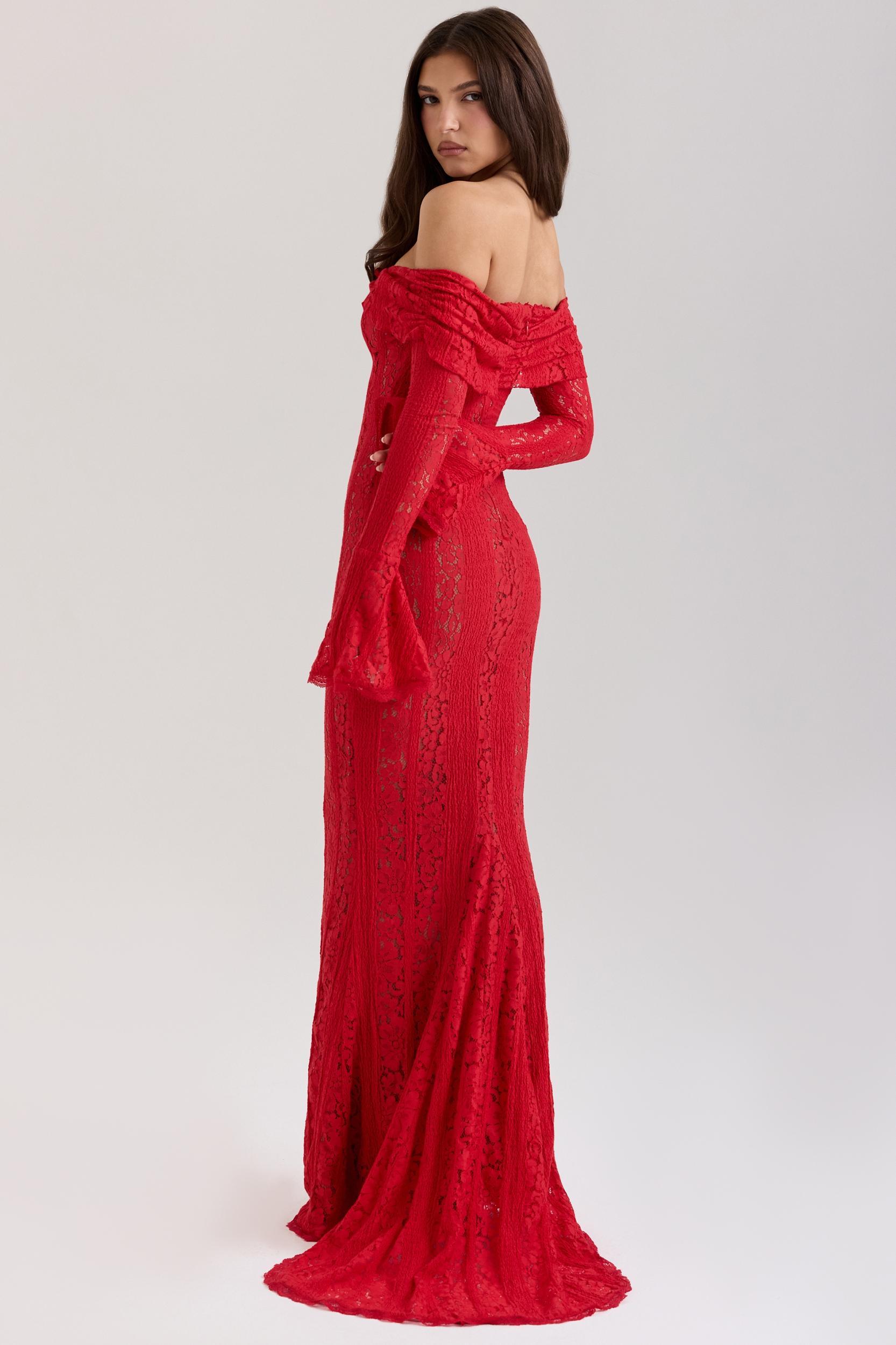 Belle  red off shoulder floral lace maxi dress Product Image