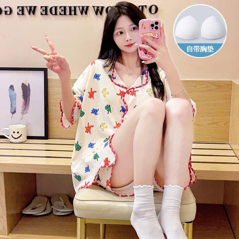 Pajama Set: Elbow-Sleeve Split Neck Patterned Padded Button-Up Top + Shorts Product Image