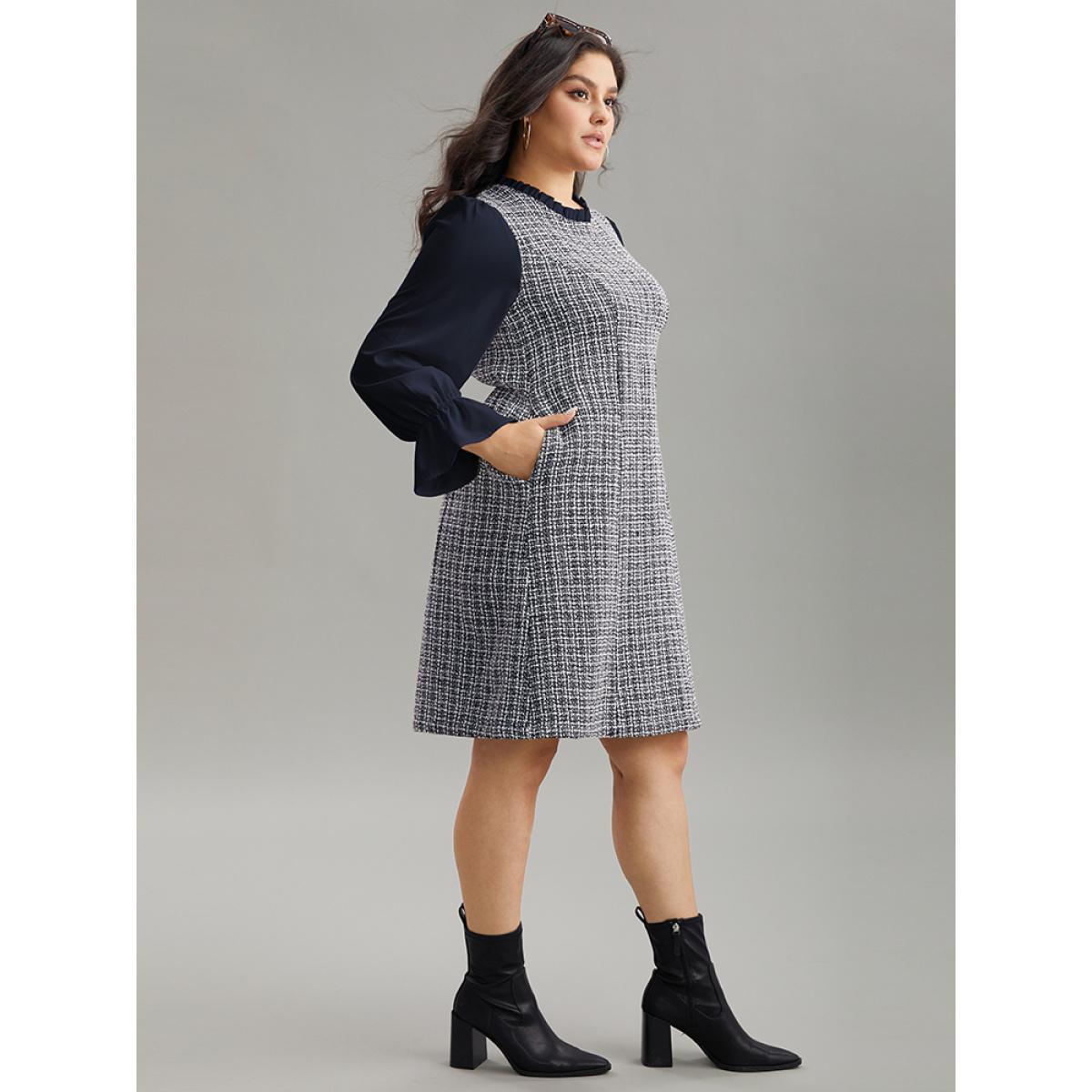 Plus Size Plaid Patchwork Ruffle Trim Knee Dress DarkBlue Women Office Texture Mock Neck Long Sleeve Curvy Knee Dress BloomChic 18-20/2X Product Image
